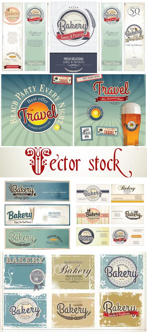 Set of bakery and travel retro business card templates - vector stock