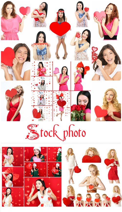 Collage of Valentine's Day. Attractive young woman - stock photo