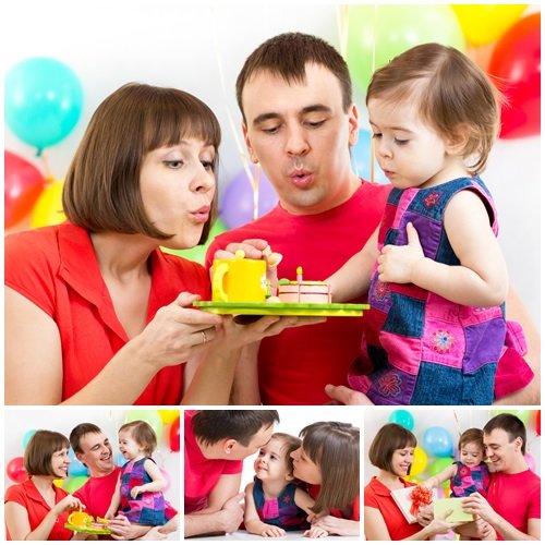 Kid with parents celebrating birthday and blowing candles - stock photo