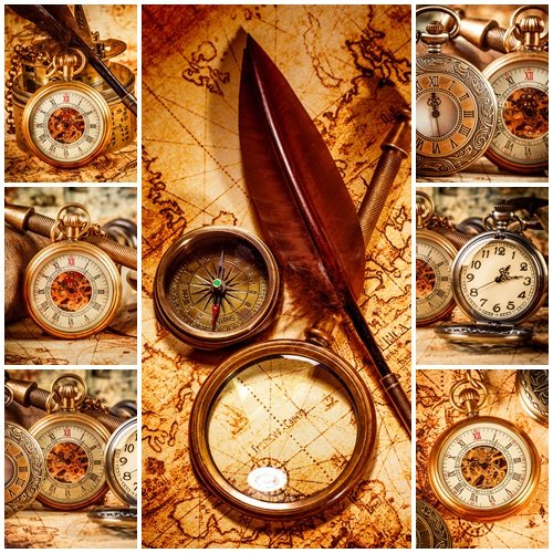 Vintage clocks on world map - stock photo