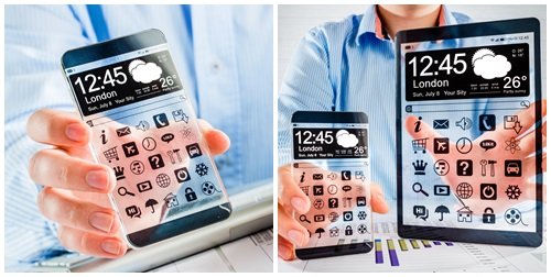 Smartphone and tablet with transparent screen - stock photo