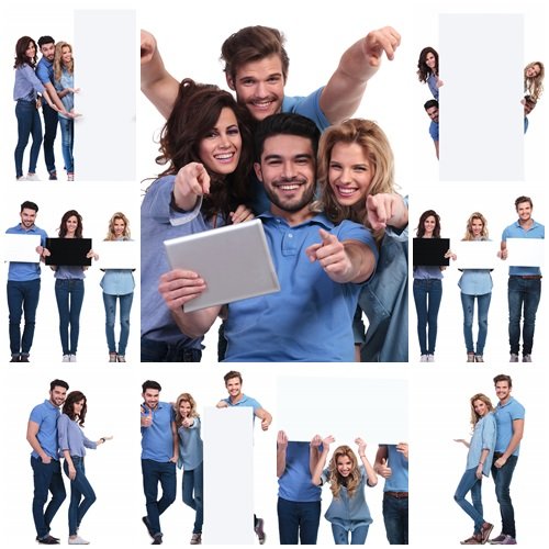 Young people on white backgrounds with banners, 10 - stock photo