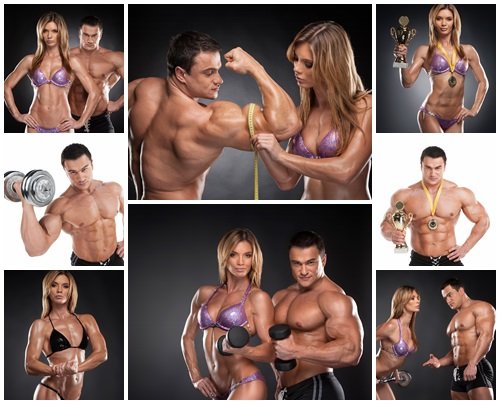 Couple of fit man and woman showing muscular - stock photo