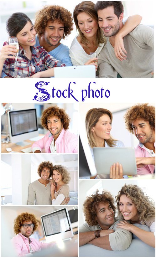 Group of friends looking at pictures on LSD monitor - stock photo
