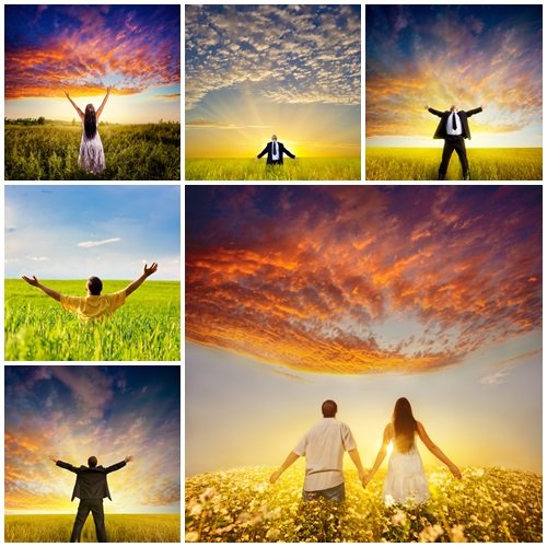 People in the sunset field - stock photo