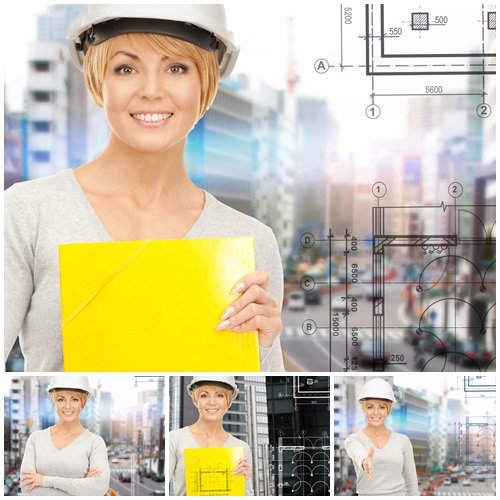 Female contractor in white helmet with files - stock photo