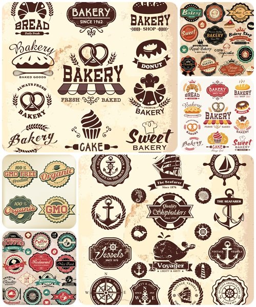 Collection of vintage retro nautical and food labels, badges and icons  - vector stock