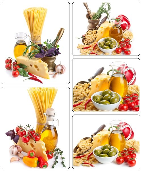 Pasta ingredients with cheese, isolated on white - stock photo