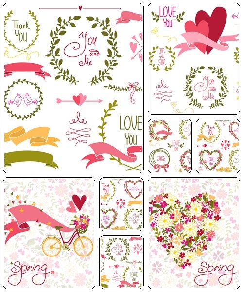 Wedding graphic set, wreath, flowers, arrows  - vector stock