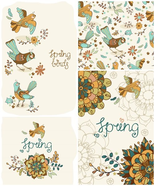 Spring floral background with birds  - vector stock