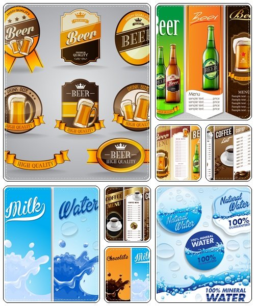 Vector beer menu, cofee and mineral water labels - vector stock