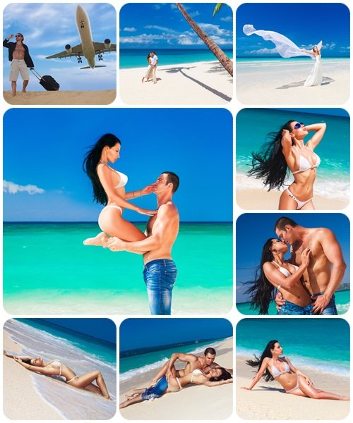Beautiful young couple in love having holidays on the sea - stock photo