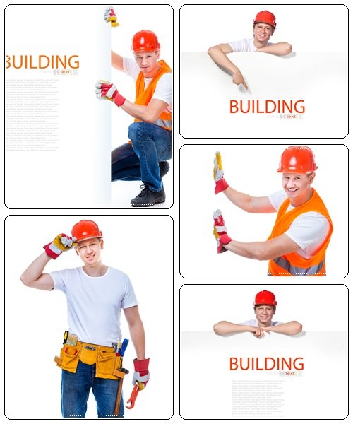 Man constructor with white banner - stock photo
