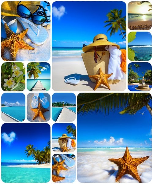 Art Straw hat, bag, sun glasses and flip flops on a tropical beach - stock photo