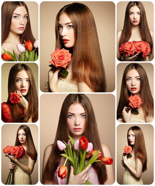 Beautiful girl with tullips and roses - stock photo