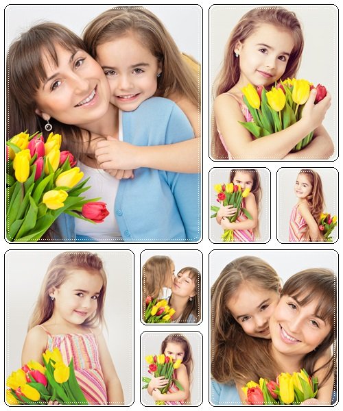 Young girl and mother with tullips - stock photo