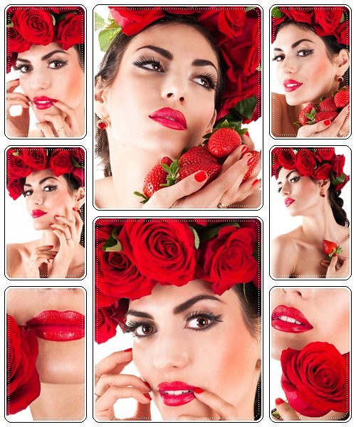 Beautiful fashion model with red roses and strawberry - stock photo