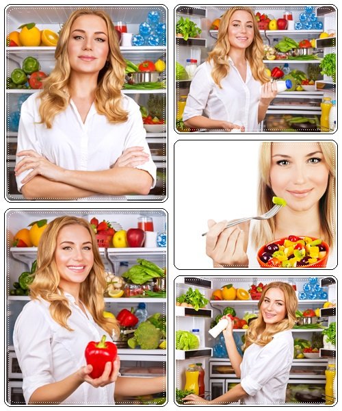 Healthy woman near open fridge - stock photo