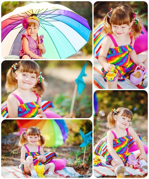 Little girl playing outdoors in green summer park - stock photo