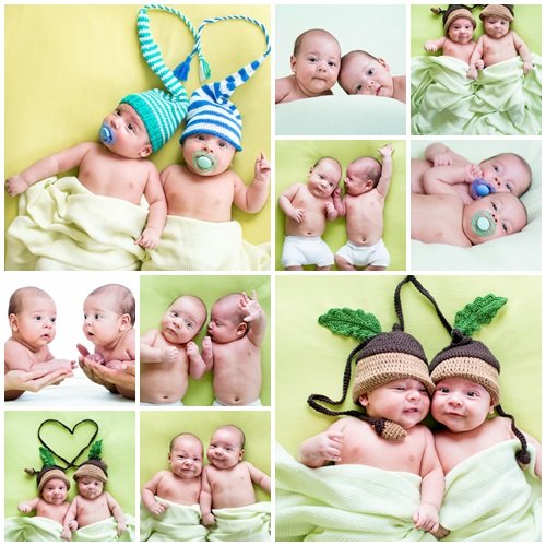 Two twins brothers babies lying on green - stock photo