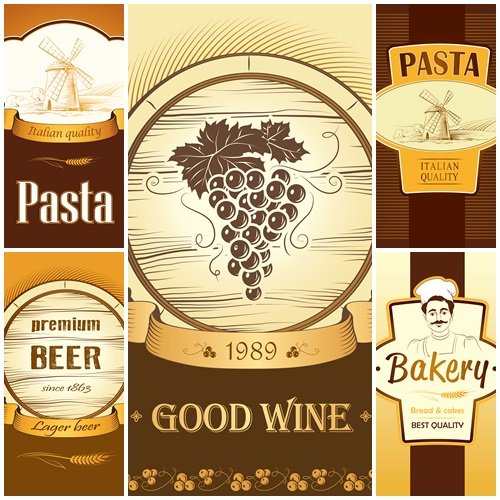 Bakery and wine labels, pack for spaghetti, pasta - vector stock