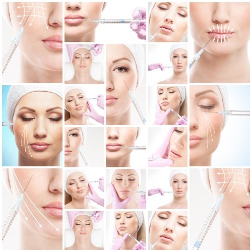 Beautiful face and a syringe (plastic surgery and botox concept) - stock photo