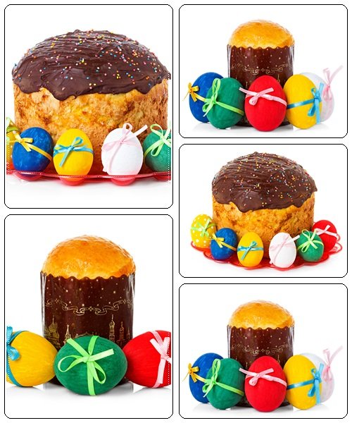 Easter cake and easter eggs  on white backgrounds - stock photo