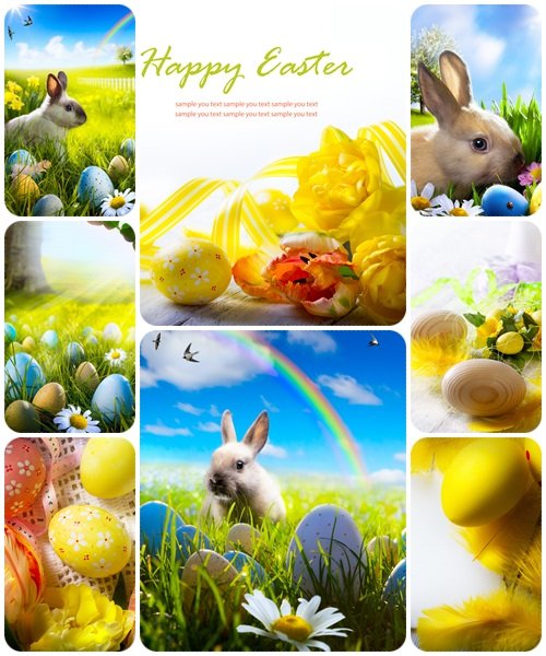 Easter backgronds with rabbit and eggs - stock photo