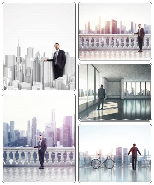 Businessman and model of a city - Stock Photo