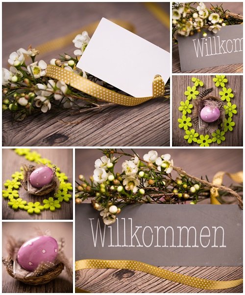 Easter eggs and tullips on wood - Stock Photo