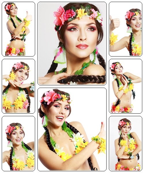 Beautiful girl with Hawaiian accessories - Stock Photo