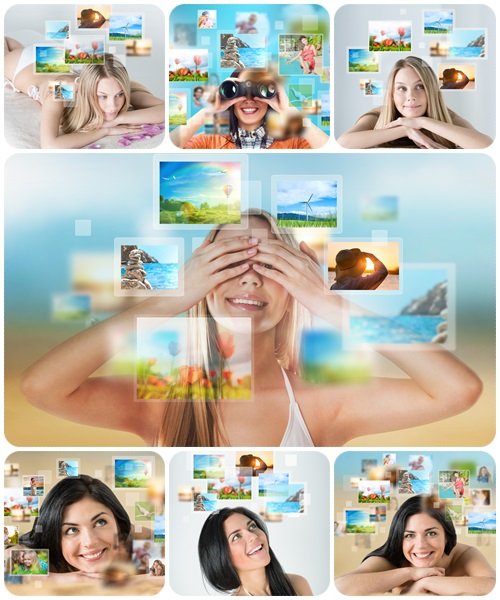 Portrait of young happy woman with travel vacation memories - Stock Photo