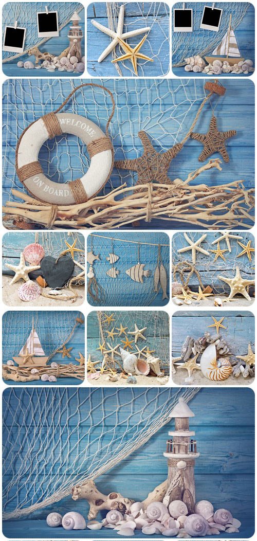 Marine life decoration and instant photos - Stock Photo
