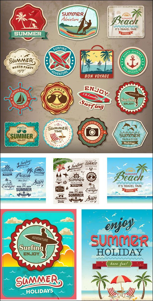 Vintage summer design with labels, icons elements collection, part 2 - vector stock