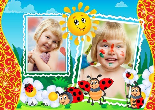 Детская рамка с солнышком, божьими коровками - Краски лета